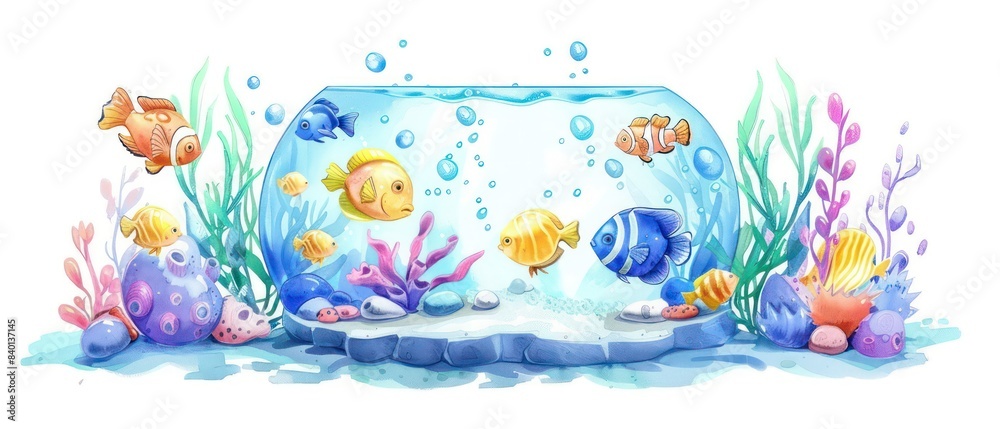 round glass simple aquarium with fish and decor, watercolor round glass simple aquarium with fish and decor, watercolor