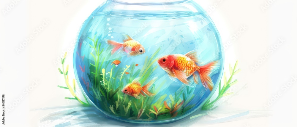 round glass simple aquarium with fish and decor, watercolor
