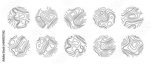 Circular wood rings or topographic map lines texture set. Wood tree topographic abstract lines collection flat style design vector illustration contour isolated pattern design.