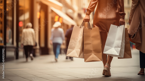 Close up women's holding shopping bags walking on the city, using natural light © Nittaya