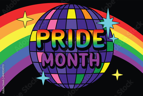 Rainbow illustration with colorful shining disco ball. Pride month celebration background vector illustration.