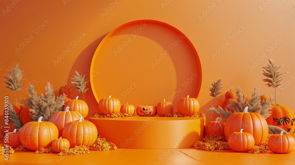 3d Halloween scene with product podium on orange background. Pumpkins stage with display podium. Autumn 3d design template for banner, advertisement mockup for Halloween or Thanksgiving. 3d Halloween scene with product podium on orange background. Pumpkins stage with display podium. Autumn 3d design template for banner, advertisement mockup for Halloween or Thanksgiving.