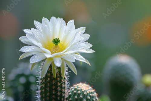 Single white flower atop cactus
