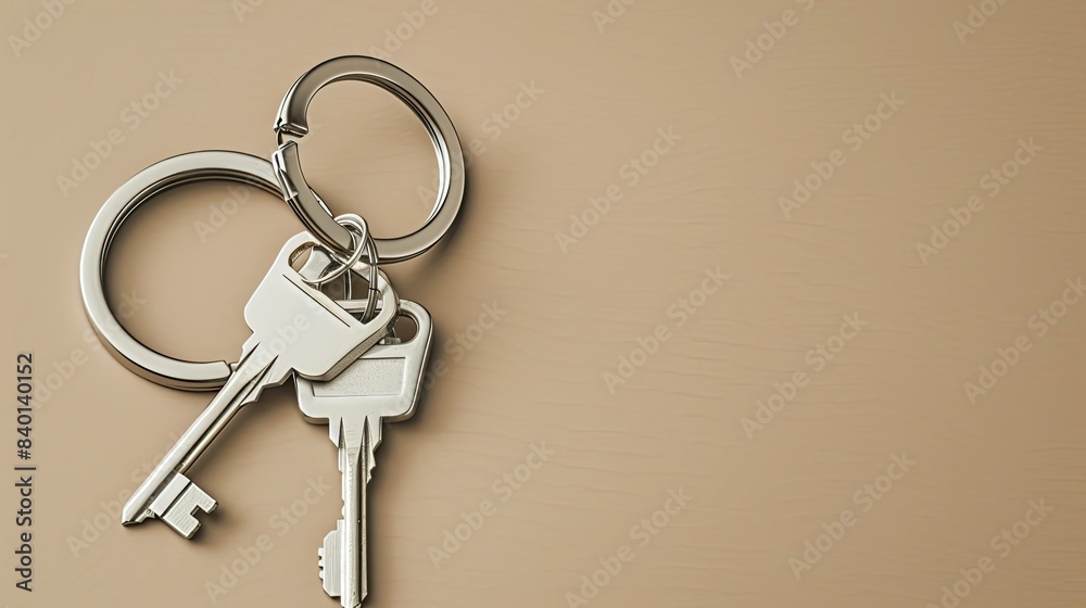 A silver key to a house, attached to a keychain on a pale brown solid background with copy space on the right. Compatible for business, property, and real estate related contents.