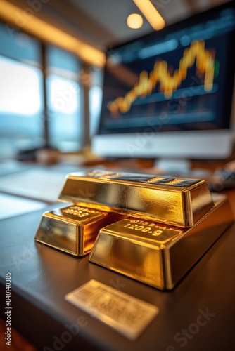 Investing in gold concept. Gold bars on a desk with charts showing gold trading trends on displays in the background