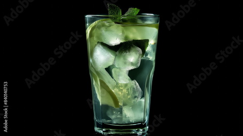 refreshing lemonade with ice cubes and mint leaves in a tall glass
