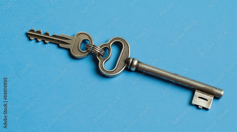 Naklejka premium A copper key to a house, attached to a keychain on a sky blue solid background. Perfect for business, property, and real estate related contents.