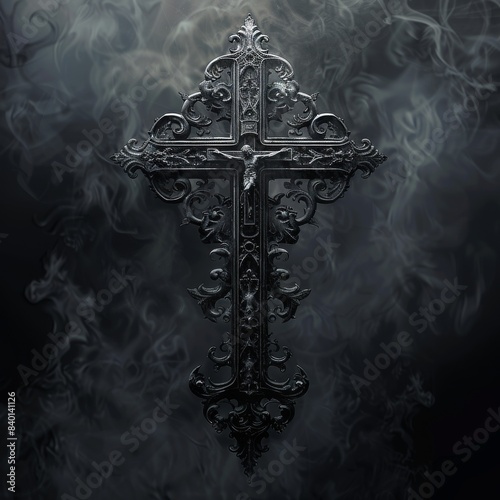 Ornate Crucifix Against Smoky Background 
