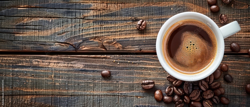 cup of coffee with scattered beans on a wooden background, in a top view, flat lay, close up, copy space concept cup of coffee with scattered beans on a wooden background, in a top view, flat lay, close up, copy space concept