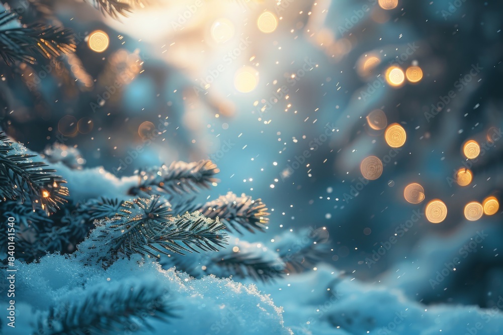 Pine tree in snow with distant lights Pine tree in snow with distant lights