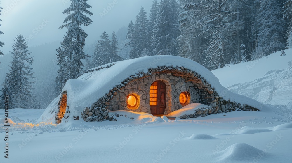 Lost in the mountains of the hunter, snow-covered shelter was excavated by tourists spent the night in a hike through the Carpathian alpine forests. Wild taiga forests fairy-tale shelter Lost in the mountains of the hunter, snow-covered shelter was excavated by tourists spent the night in a hike through the Carpathian alpine forests. Wild taiga forests fairy-tale shelter