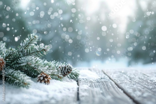 Snow-covered table with pine cones and fir tree branches