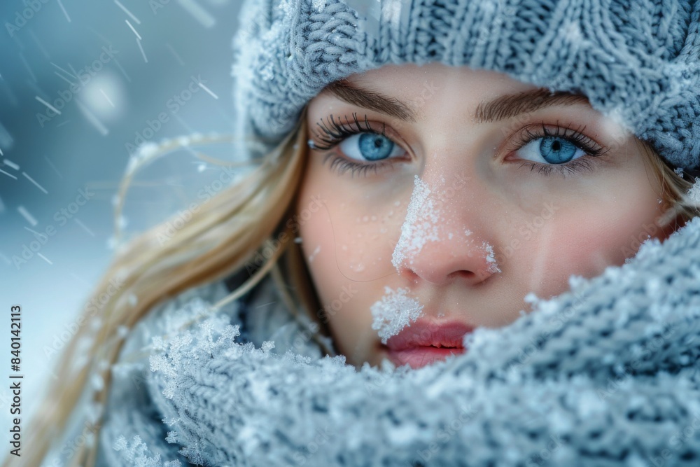 Woman in hat and scarf with snow on face Woman in hat and scarf with snow on face
