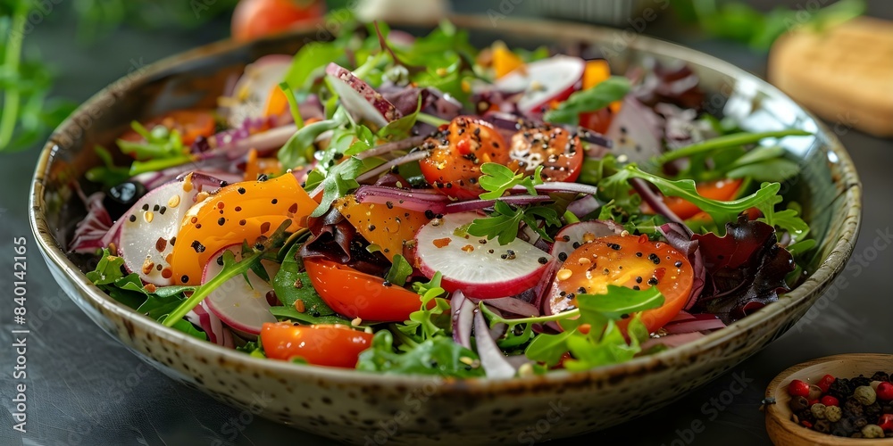 Vegetarian salad on a deep dish presented on a café table. Concept Vegetarian Cuisine, Salad Presentation, Food Styling, Vegan Food Art, Healthy Eating Vegetarian salad on a deep dish presented on a café table. Concept Vegetarian Cuisine, Salad Presentation, Food Styling, Vegan Food Art, Healthy Eating