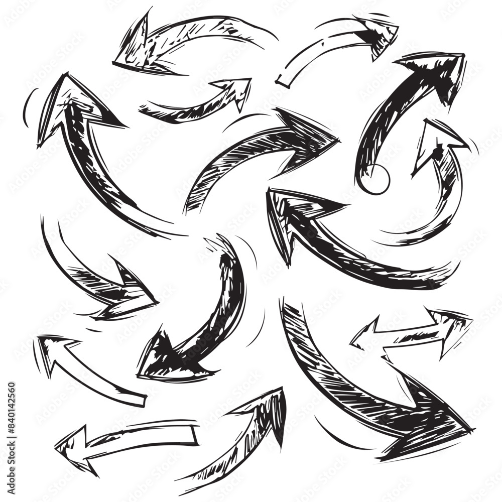 Curved scribble art arrows set in different directions, black vector illustrations on white background