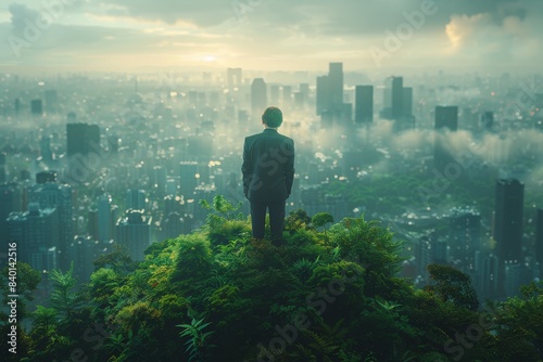 A man in a business suit on a hill, looking at a cityscape