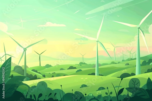 Wind Turbines Harvesting Green Energy. Wind Turbines on Green Hills Illustration.