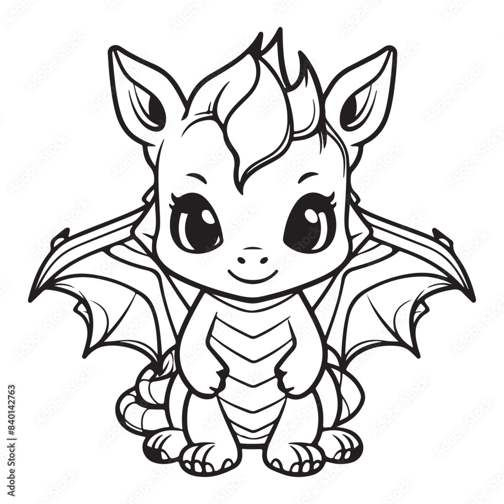 Fototapeta premium Cute cartoon baby dragon design for kids coloring book, black vector illustration on white background