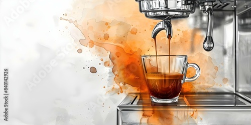 Espresso machine pouring coffee into glass cup in detailed sketch illustration. Concept Sketch Illustration, Espresso Machine, Coffee Pouring, Glass Cup, Detailed Art photo