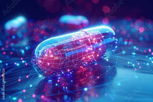 Abstract futuristic pills wireframe and capsule on glowing blue background, pharmacy ,medical, prebiotic, health, vitamin, antibiotic, pharmaceutical, treatment, medicine of future concept