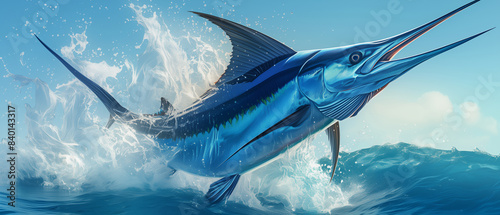 Blue Marlin fish jumping out of ocean water
