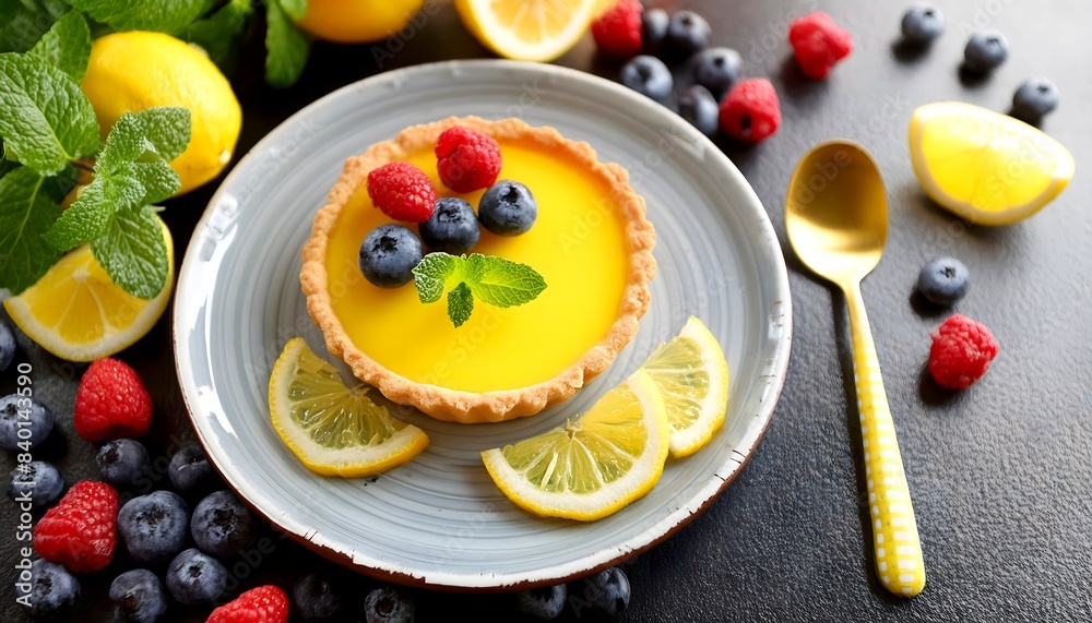 A high-angle shot of a beautifully plated dessert, such as a lemon tart with a glossy finish and fresh berries. 1