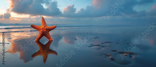 A starfish on a wet sandy beach reflecting the sky, with footprints nearby, Realism, Photography, Cool colors, Soft focus photo