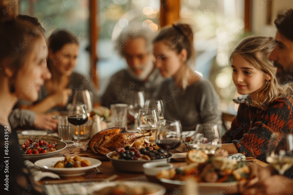 People around a table enjoying a meal with wine glasses and bowls People around a table enjoying a meal with wine glasses and bowls