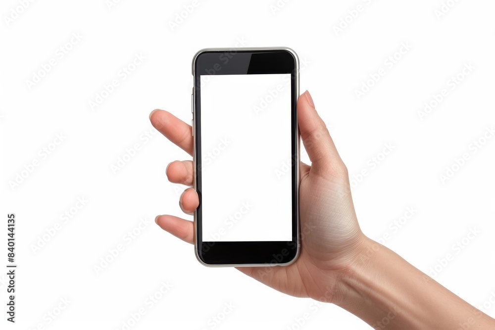Person holding smartphone, white screen Person holding smartphone, white screen