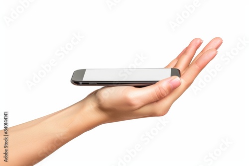 Hand holding cellphone on white background