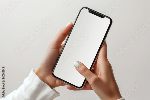 Hand holding phone with blank screen