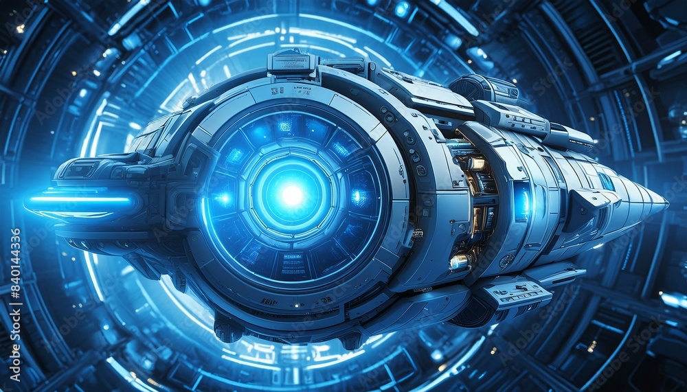 Futuristic Voyage: Blue Spaceship with Glowing Engines in Outer Space