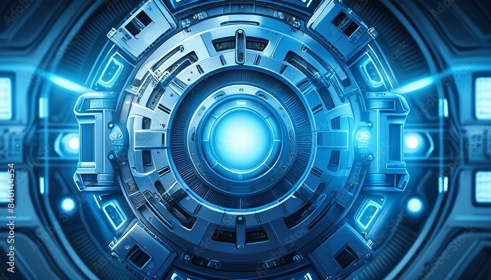 Futuristic Voyage: Blue Spaceship with Glowing Engines in Outer Space