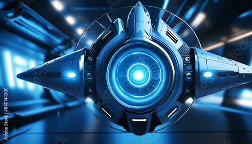 Futuristic Voyage: Blue Spaceship with Glowing Engines in Outer Space