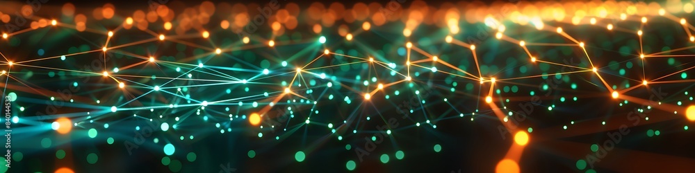 Futuristic technology background featuring orange and green dot connections forming an intricate plexus network Futuristic technology background featuring orange and green dot connections forming an intricate plexus network