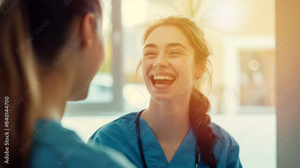 Fototapeta premium Two Nurses Sharing a Laugh During a Break