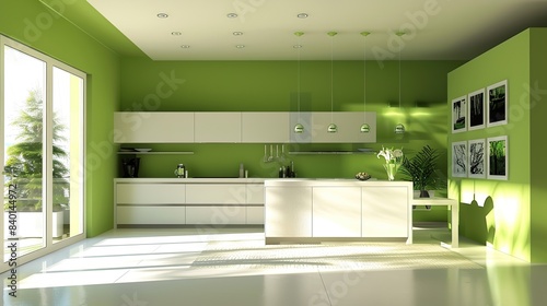 Bright green kitchen with complete and modern furniture equipment. The kitchen is very clean and well organized