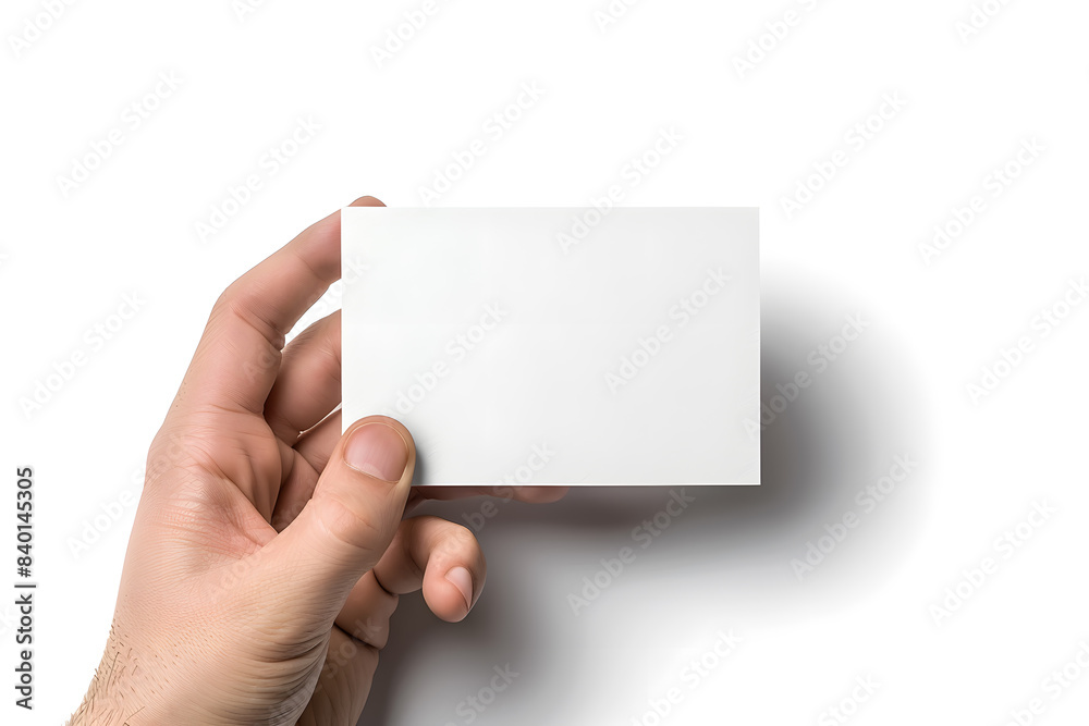 Fototapeta premium Business card mockup in man hand. Blank calling card template isolated on white background 