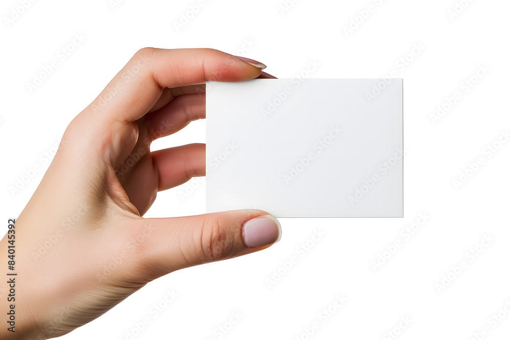 Obraz premium Business card mockup in woman's hand. Blank calling card template isolated on white background