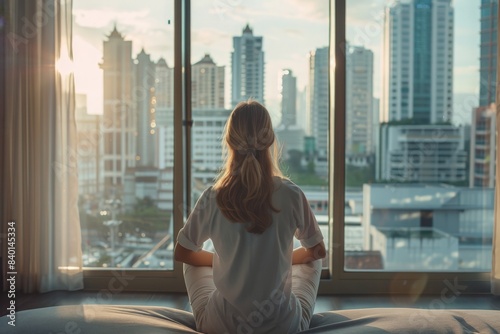 Work-Life balance and life quality concept with business woman rear view relaxing sitting in rest, take it easy in modern hotel guest room or luxury home living room with beautiful city urban scene © Ahmed