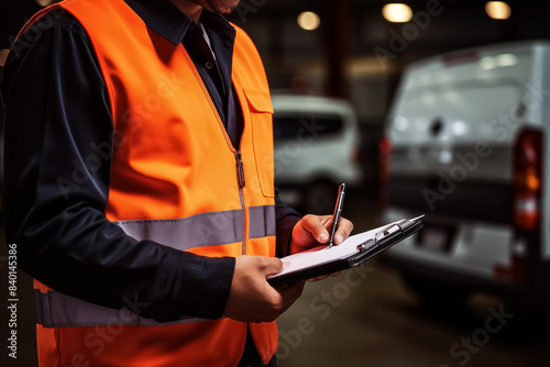 Auto mechanic writing on clipboard in auto repair shop, focus on hand, selective focus