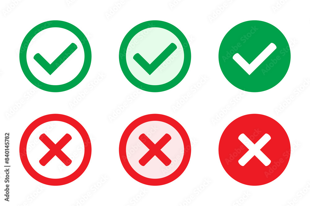 Right or wrong icons. Green tick and red cross checkmarks. Yes or no symbol, approved or rejected icon for user interface. Right or wrong icons. Green tick and red cross checkmarks. Yes or no symbol, approved or rejected icon for user interface.