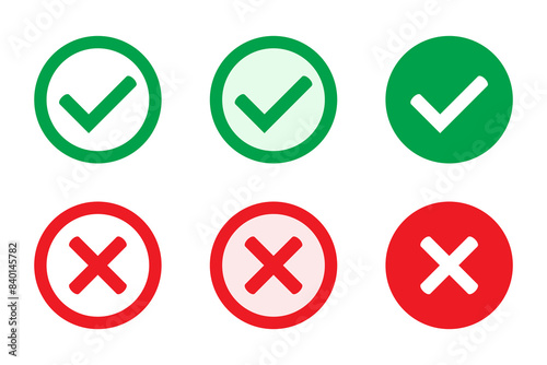 Right or wrong icons. Green tick and red cross checkmarks. Yes or no symbol, approved or rejected icon for user interface.