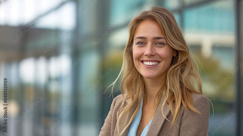 A young, smiling businesswoman in a professional setting, exuding confidence and positivity against a modern office building backdrop. A young, smiling businesswoman in a professional setting, exuding confidence and positivity against a modern office building backdrop.