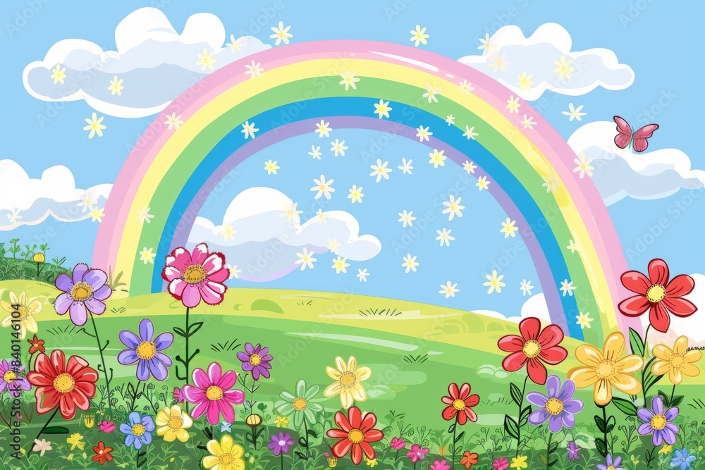 Cartoon cute doodles of a cheerful rainbow arching over a field of blooming flowers, Generative AI Cartoon cute doodles of a cheerful rainbow arching over a field of blooming flowers, Generative AI