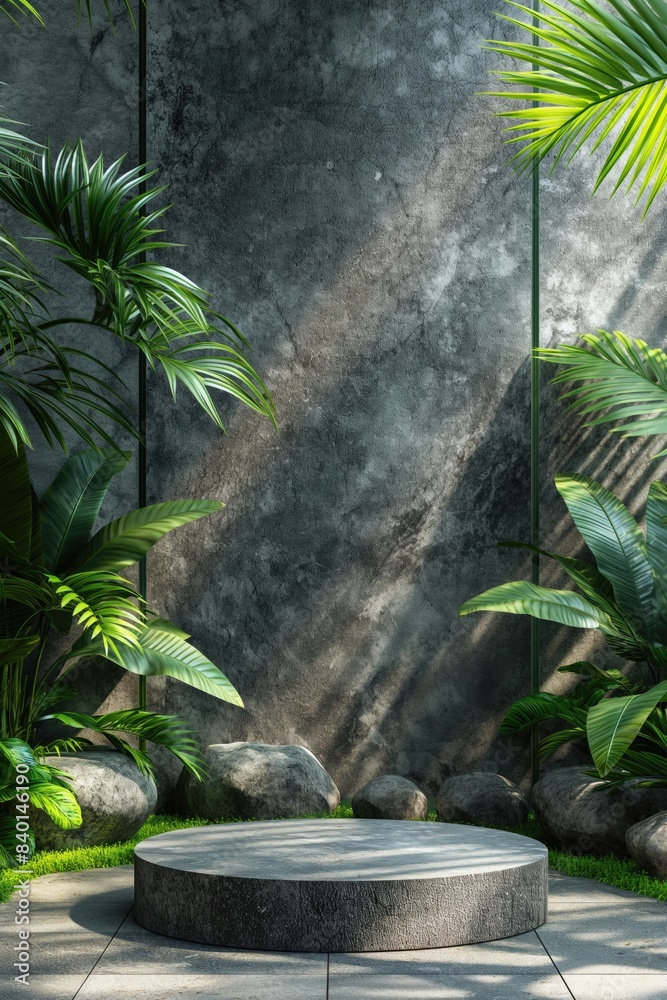 Natural rock pedestal with tropical palm leafs and concrete wall in the background. Stone podium mockup. Scene stage decoration for promotion sale or advertising of beauty and spa products Natural rock pedestal with tropical palm leafs and concrete wall in the background. Stone podium mockup. Scene stage decoration for promotion sale or advertising of beauty and spa products