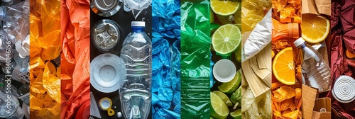 A collage of various recyclable materials including plastic, cardboard, and glass, emphasizing the global effort to reduce waste photo