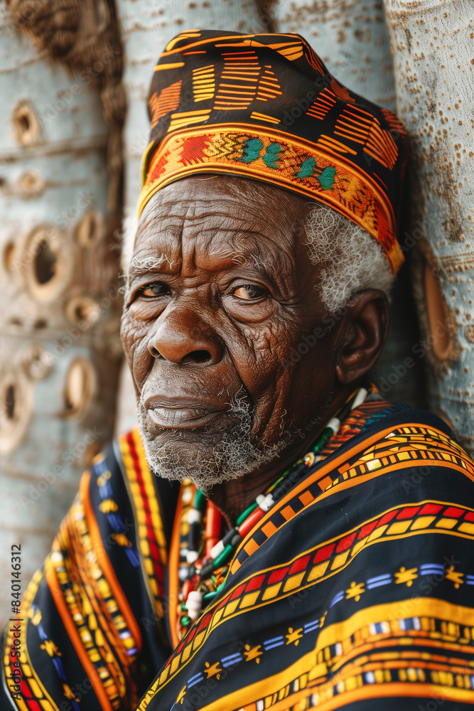 Fototapeta premium An elderly African man with deep wrinkles and a wise expression, wearing a colorful kente cloth