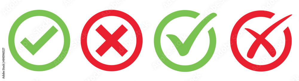 Check mark icon button set. Check box icon with right and wrong buttons and yes or no checkmark icons in green tick box and red cross. Check mark icon button set. Check box icon with right and wrong buttons and yes or no checkmark icons in green tick box and red cross.