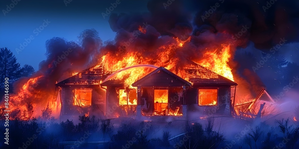 Obraz premium House on fire with billowing black smoke flames visible from outside. Concept Fire Emergency, Evacuation Alerts, Safety Precautions, Firefighters Responding, Smoke Inhalation Risks